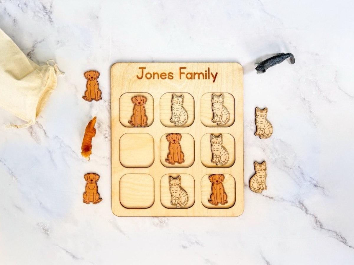 Cats versus dogs wooden travel tic tac toe board